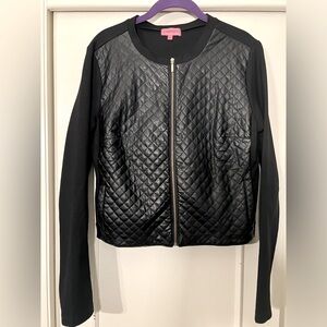 Carmen Marc Valvo Diamond Quilt Zip Front Stretch Black Dress Blazer Women’s L